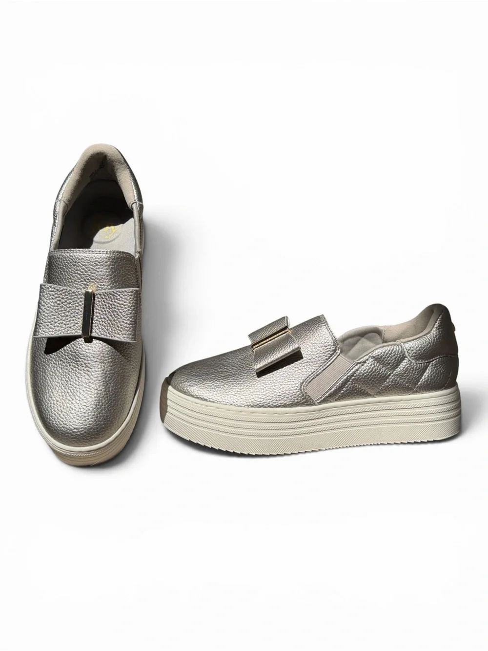 Joy Luxe Genuine Leather Bow Platform Sneakers Orthotic Slip On Pewter‎ 7.5W